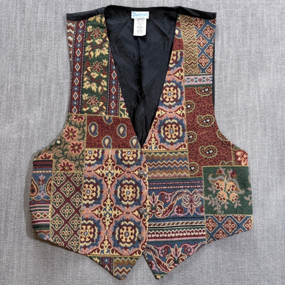 Backroad Blues Vintage Tapestry Patchwork Vest Floral Paisley Earth Tones Large